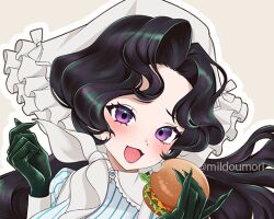 Rule 34 | 1girl, :d, anjo nala, black hair, burger, coif, food, gloves, green gloves, grey background, hands up, hat, holding, holding burger, holding food, long hair, looking at viewer, milmil7, neckerchief, open mouth, pinstripe pattern, pinstripe shirt, portrait, purple eyes, reverse:1999, shirt, smile, solo, striped clothes, striped shirt, twitter username, vertical-striped clothes, vertical-striped shirt, white hat, white neckerchief, white shirt