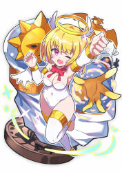 Rule 34 | 1girl, blonde hair, breasts, character request, cleavage, clenched hand, covered navel, detached sleeves, full body, halo, hand up, head wings, highres, leotard, medium breasts, medium hair, monster farm, omochishiki, socks, white leotard, white socks, white wings, wings, yellow halo