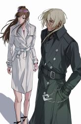1boy 1girl ace_attorney alternate_costume amikoiiko ankle_ribbon apollo_justice:_ace_attorney belt_buckle black_ribbon black_shoes blonde_hair blue_eyes brown_hair buckle buttons chain chain_necklace closed_mouth coat dark-skinned_male dark_skin double-breasted drill_hair earrings ema_skye eyewear_on_head facing_to_the_side feet_out_of_frame fingernails green_coat half_updo high_heels highres index_ring initial jewelry klavier_gavin leg_ribbon long_hair long_sleeves medium_hair mismatched_eyebrows necklace pink-tinted_eyewear pink_shirt pocket ribbon shadow shirt shoes simple_background single_earring sternocleidomastoid_muscle sunglasses tinted_eyewear trench_coat white-framed_eyewear white_background white_coat