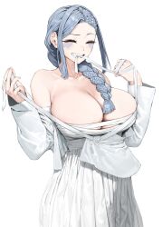 1girl bandage_in_mouth bare_shoulders blue_hair braid braided_ponytail breasts chest_sarashi cleavage closed_eyes doctor_(shady_research_report) fish_girl grin hanbok highres huge_breasts korean_clothes korean_commentary long_hair off_shoulder sarashi scales shady_research_report simple_background smile solo white_background white_hanbok yangmal_jelly