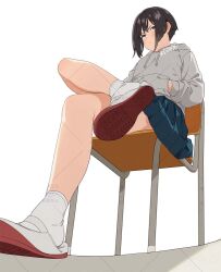 Rule 34 | 1girl, bare legs, black hair, blue skirt, blush, chair, crossed legs, full body, grey hoodie, hands in pockets, hood, hood down, hoodie, legs, looking at viewer, mattaku mousuke, medium hair, miniskirt, original, pleated skirt, pout, school chair, school uniform, shadow, signature, simple background, sitting, skirt, socks, solo, white background, white socks