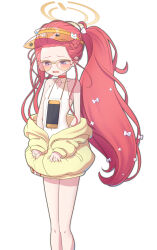 1girl above-cleavage_cutout absurdres asymmetrical_hair averting_eyes bare_legs bare_shoulders blue_archive blush bow breasts clothing_cutout commentary_request cosplay covered_navel diamond_cutout feet_out_of_frame forehead gnoet hair_bow half-closed_eyes halo handheld_game_console highres jacket loli long_hair long_sleeves looking_down multiple_hair_bows nintendo_switch off_shoulder one-piece_swimsuit open_mouth puffy_long_sleeves puffy_sleeves purple_eyes red-tinted_eyewear red_hair seia_(blue_archive) seia_(blue_archive)_(cosplay) seia_(swimsuit)_(blue_archive) side_ponytail simple_background sleeves_past_wrists small_breasts solo standing sunglasses sweat swimsuit thighs tinted_eyewear very_long_hair visor_cap white_background white_bow white_one-piece_swimsuit yellow_halo yellow_jacket yellow_visor yuzu_(blue_archive)