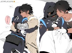 Rule 34 | 1boy, 1girl, arknights, black coat, black hair, brown coat, carrying, carrying person, coat, commentary, dal-gi, dark-skinned male, dark skin, doctor (arknights), female doctor (arknights), hetero, highres, hug, korean commentary, korean text, princess carry, short hair, thorns (arknights), translation request, white background, yellow eyes