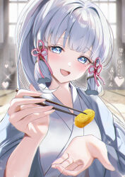 1girl absurdres artist_name ayaka_(genshin_impact) blue_eyes blunt_bangs blunt_tresses blush breasts chopsticks collarbone commentary_request door feeding fingernails floor food genshin_impact grey_hair grey_shirt hair_ornament hair_tubes hands_up highres holding holding_chopsticks incoming_food indoors japanese_clothes kabu_usagi long_fingernails long_hair long_sleeves looking_at_viewer medium_breasts mole mole_under_eye musical_note omelet open_mouth ponytail shirt signature sky smile solo sparkle sunlight tamagoyaki teeth tongue translated white_sky wide_sleeves