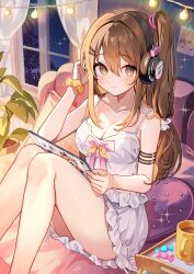 Rule 34 | 1girl, absurdres, bare shoulders, blush, breasts, brown eyes, brown hair, brown scrunchie, camisole, candy wrapper, character request, cleavage, closed mouth, commentary request, cup, curtains, feet out of frame, frilled skirt, frills, girls&#039; frontline, goroo (eneosu), hair between eyes, hair ornament, hairclip, headphones, heart, heart-shaped pillow, highres, indoors, k2 (girls&#039; frontline), knees up, long hair, looking at viewer, medium breasts, mug, night, night sky, one side up, photo (object), pillow, scrunchie, sitting, skirt, sky, smile, solo, star (sky), starry sky, tablet pc, white camisole, white skirt, window, wrist scrunchie, yoohee (girls&#039; frontline 2)