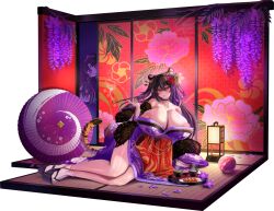3girls animal_ears architecture black_hair blush breasts cleavage east_asian_architecture highres holding holding_smoking_pipe huge_breasts huge_nipples indoors japanese_clothes kaenuco kimono kiseru kunoichi_kaen kunoichi_shiden kunoichi_zero lamp large_areolae last_origin looking_at_viewer lying multicolored_hair multiple_girls official_art on_floor on_side parasol purple_hair red_eyes sliding_doors smoking_pipe sweatdrop tachi-e tail tatami tiger_ears tiger_girl tiger_tail transparent_background two-tone_hair umbrella