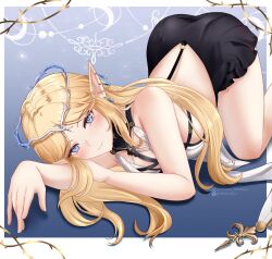 Rule 34 | 1girl, backless dress, backless outfit, bare shoulders, black collar, black dress, blonde hair, blue eyes, cartethyia (wuthering waves), closed mouth, collar, commentary, crown of thorns, dress, earrings, highres, hollow mimikyu, jewelry, light blush, long hair, looking at viewer, pointy ears, smile, solo, tacet mark (wuthering waves), top-down bottom-up, wuthering waves