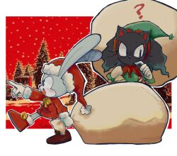 1boy 1girl ? animal_ears bag black_eyes blaze_the_cat blaze_the_cat_(beta_design) blue_eyes blush cat_ears christmas furry furry_female furry_male hat highres holding holding_sack looking_to_the_side no_mouth open_mouth pointing prototype_design rabbit_ears sack santa_costume santa_hat smile snowing sonic_(series) sonic_the_hedgehog sonic_the_hedgehog_(beta_design) spidercheetos tree walking