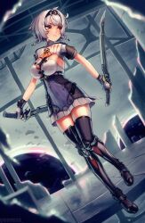 1girl absurdres anby_demara anby_demara_(silver_soldier) black_hairband braided_sidelocks fingerless_gloves gloves grey_hair hairband highres holding holding_weapon orange_eyes s99g short_hair sword weapon yellow_eyes zenless_zone_zero