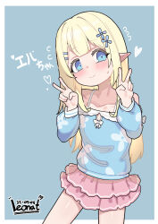 1girl absurdres artist_name blonde_hair blue_background blue_eyes blue_shirt blush character_name closed_mouth collarbone commentary_request cowboy_shot dated double_v flat_chest flying_sweatdrops hair_ornament hairclip heart highres layered_skirt leonat long_hair long_sleeves looking_at_viewer miniskirt off-shoulder_shirt off_shoulder original parallel_hairclips pink_skirt pleated_skirt pointy_ears puffy_long_sleeves puffy_sleeves shirt signature simple_background skirt solo v
