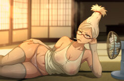 1girl absurdres ayase_seiko breasts cameltoe cigarette covered_erect_nipples curvy dandadan elbow_rest electric_fan glasses highres large_breasts lying mature_female navel noxdsa on_side panties red-framed_eyewear solo sweat tank_top tatami thighhighs underwear white_panties white_thighhighs
