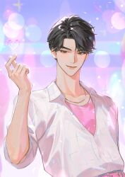 1boy casual closed_mouth earrings finger_heart heart highres jacket jewelry jinu_(kpop_demon_hunters) kpop_demon_hunters looking_at_viewer male_focus necklace pink_shirt rm-parfait shirt single_earring smile solo upper_body white_jacket