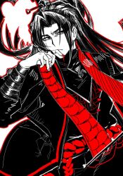 Rule 34 | 1boy, black eyes, black hair, black hanfu, chinese clothes, hanfu, high ponytail, highres, jia qiu (project moon), limbus company, limited palette, long hair, long sleeves, looking at viewer, male focus, ponytail, project moon, red rope, red scarf, rope, rope belt, scar, scar on face, scarf, simple background, solo, standing, upper body, white background, wohaoxuanku