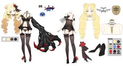 Rule 34 | 1girl, absurdres, arm garter, babydoll, bare shoulders, black babydoll, black panties, black shoes, blonde hair, blue eyes, breasts, brown thighhighs, cleavage, commentary request, commission, drill hair, dullahan, garter belt, high heels, highres, holding detached head, korean commentary, large breasts, long hair, looking at viewer, multiple views, navel, nogong, original, panties, reference sheet, shoes, simple background, skindentation, stomach, thighhighs, tray, twin drills, twintails, underwear, white background