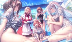 5girls amakano arm_up bare_legs barefoot black_gloves black_one-piece_swimsuit blonde_hair blue_eyes blue_nails blue_sky blurry blurry_background blush breast_press breasts broom brown_eyes brown_hair bucket building cloud covered_navel day dress feet gloves grin hair_between_eyes hair_ribbon highres hoshikawa_koharu indian_style kanbayashi_mizuki large_breasts long_hair looking_at_viewer maid multiple_girls nail_polish official_art one-piece_swimsuit one_eye_closed open_mouth outdoors piromizu ponytail pool red_dress red_eyes ribbon school_swimsuit school_uniform see-through_clothes see-through_shirt shirt sitting sky smile suzurikawa_euphrasie_ruika swimsuit takayashiro_sayuki teeth thighs toenail_polish toenails toes towel tsutamachi_chitose wet wet_clothes wet_shirt white_hair white_shirt window