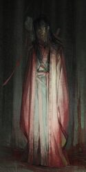 1boy absurdres bandages black_hair black_hanfu blood blood_on_clothes chinese_clothes chinese_commentary coat coin coin_sword covered_mouth dao_gui_yi_xian full_body hair_bun hair_ribbon hanfu head_tilt highres holed_coin horror_(theme) li_huowang long_hair long_sleeves looking_at_viewer male_focus mask mouth_veil red_coat red_eyes red_ribbon red_sash ribbon robe sash shade shiqi274 single_hair_bun sleeves_past_fingers sleeves_past_wrists solo standing sword sword_on_back veil very_long_sleeves weapon weapon_on_back wide_sleeves