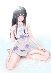 1girl absurdres annoyed bare_shoulders barefoot bikini bikini_visible_through_clothes black_bikini black_hair blush breasts collarbone commentary covered_navel criss-cross_halter dress full_body halter_dress halterneck hand_up highres long_hair looking_at_viewer neck_ribbon open_mouth print_dress red_ribbon ribbon see-through_clothes see-through_dress sitting small_breasts solo strapless strapless_bikini swimsuit thighs user_czja3824 wading wariza water wet wet_clothes wet_dress wet_hair white_dress yahari_ore_no_seishun_lovecome_wa_machigatteiru. yukinoshita_yukino