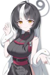 1girl absurdres azami_(blue_archive) bare_shoulders black_dress black_hair blue_archive breasts closed_mouth dress grey_halo halo highres huge_breasts jei_(user_tckk7448) long_hair looking_at_viewer multicolored_hair shadow simple_background snake solo white_background white_hair white_snake yellow_eyes