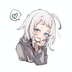 Rule 34 | 1girl, ahoge, azuma shino, blue eyes, blush, fangs, grey hoodie, hand on chin, hand on own face, hand under chin, heart, hood, hoodie, nowareno (azuma shino), original, sketch, skin fangs, smile, solo, solo focus, spoken heart, white background, white hair