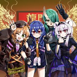 4girls :d ;d animal_ears arknights arm_hug arm_up black_gloves black_hairband black_hat blonde_hair bright_pupils brown_horns ch&#039;en_(arknights) closed_mouth cowboy_shot crossed_bangs dragon eastern_dragon fang fingerless_gloves gloves green_eyes green_hair group_picture hair_between_eyes hair_intakes hair_over_one_eye hairband hand_on_another&#039;s_shoulder hand_on_own_chin hand_on_own_hip hat horns hoshiguma_(arknights) jewelry lin_(arknights) long_hair long_sleeves looking_at_viewer multiple_girls necktie one_eye_closed one_eye_covered open_mouth pink_hair purple_hair red_eyes ring single_horn skin-covered_horns sleepyowl_(jobkung15) sleeves_pushed_up smile standing swire_(arknights) twitter_username w white_pupils yellow_necktie