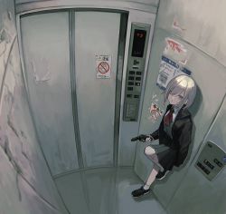 1girl absurdres ad against_wall black_footwear black_jacket black_skirt bow bowtie breasts commentary elevator elevator_door expressionless full_body grey_hair gun hair_over_one_eye handgun highres huge_filesize indoors jacket medium_breasts open_clothes open_jacket original pleated_skirt red_eyes red_neckwear scenery scraped_knee shirt shoes short_hair skirt sneakers socks swept_bangs weapon white_legwear white_shirt zumochi