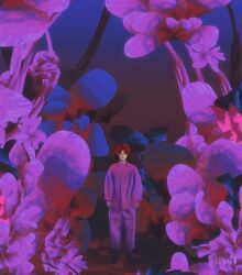 1girl blank_stare bush dkaism flower full_body gradient_background looking_at_viewer original painterly petals pink_sweater plant purple_theme red_hair sidelocks simple_background size_difference sweater