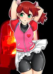 1girl absurdres arms_behind_head arms_up bike_shorts bike_shorts_under_skirt black_shirt black_shorts brown_hair gluteal_fold green_eyes groin highres jacket long_hair miniskirt nanao_futaba open_mouth pink_jacket pink_ribbon pleated_skirt ribbon saru_getchu sayaka_(saru_getchu) shirt short_sleeves shorts shorts_under_skirt skin_tight skirt solo thigh_gap thighs twintails white_skirt wind wind_lift