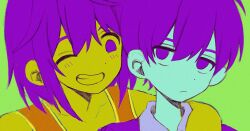 2boys ;d arm_around_neck bare_shoulders blue_skin collared_shirt colored_skin dot_nose double-parted_bangs empty_eyes green_background grin hair_behind_ear hair_between_eyes highres jitome kel_(faraway)_(omori) kel_(omori) limited_palette looking_at_another looking_at_viewer male_focus multiple_boys my_loleeta no_pupils omori one_eye_closed open_mouth orange_tank_top portrait purple_eyes purple_hair purple_sweater shirt short_hair simple_background smile sunny_(omori) sweater tank_top yellow_skin