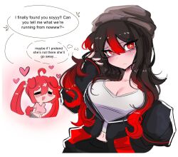 +_+ 2girls =_= animal_ears beanie beanie_hat black_hair black_hat black_jacket black_pants blush_stickers borrowed_character breasts chibi chibi_inset cleavage closed_eyes closed_mouth crop_top dog_ears english_text gradient_hair hat heart highres jacket ketchup_(bonzomcbonbon) large_breasts long_sleeves midriff multicolored_hair multiple_girls navel open_clothes open_jacket open_mouth original pants pink_shirt ratz_98 red_eyes red_hair shirt sleeves_past_fingers sleeves_past_wrists soy_(bonzomcbonbon) speech_bubble streaked_hair twintails