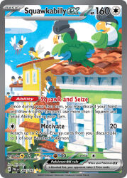amelicart animal_focus artist_name bird blue_sky building card_(medium) character_name closed_mouth cloud company_name copyright_name copyright_notice day drainpipe english_text feathers flying nintendo no_humans official_art on_roof open_mouth outdoors pokemon pokemon_(creature) pokemon_card pokemon_focus pokemon_tcg sky smile squawkabilly squawkabilly_(blue) squawkabilly_(green) squawkabilly_(white) squawkabilly_(yellow) third-party_source trading_card window