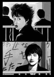 5boys aoi_haru_(film) aoki_(aoi_haru) border closed_eyes closed_mouth day gakuran graffiti greyscale highres jacket kujo_(aoi_haru) light_smile looking_at_viewer looking_back male_focus monochrome multiple_boys outdoors parted_lips railing school_uniform sequential short_hair wymaaa