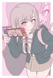 Rule 34 | 1girl, black jacket, blush, brown skirt, cowboy shot, danganronpa (series), danganronpa 2: goodbye despair, dress shirt, enoshima junko, handheld game console, highres, holding, holding handheld game console, jacket, medium hair, miniskirt, multiple views, nanami chiaki, neck ribbon, nintendo switch, nyanyamichiaki, open clothes, open jacket, pink eyes, pink ribbon, pleated skirt, ribbon, shirt, skirt, smile, white shirt, zoom layer
