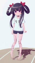 Rule 34 | 1girl, afloat, black hair, body markings, collar, death alma, emil chronicle online, flat chest, floating, ghost, gym uniform, hair ribbon, hair rings, highres, red eyes, red ribbon, ribbon, rna0, see-through body