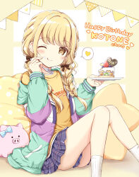 1girl ;q blonde_hair blue_skirt blush bow braid brown_bow brown_eyes cake cake_slice character_name closed_mouth commentary_request cream cream_on_face feet_out_of_frame food food_on_face fork fruit fujita_kotone gakuen_idolmaster hair_bow hair_over_shoulder happy_birthday heart highres holding holding_fork holding_plate hood hood_down hooded_jacket idolmaster jacket knees_together_feet_apart knees_up long_hair long_sleeves low_twintails nanase_miori off_shoulder one_eye_closed open_clothes open_jacket pennant plaid_clothes plaid_skirt plate pleated_skirt puffy_long_sleeves puffy_sleeves ribbed_socks shirt sitting skirt smile socks solo spoken_heart strawberry string_of_flags tongue tongue_out twin_braids twintails white_socks yellow_shirt