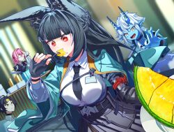 1boy 3girls animal_ear_fluff animal_ears aqua_jacket asaba_harumasa black_gloves black_hair black_necktie black_skirt blue_oni blue_skin blunt_bangs collared_shirt colored_skin eating fingerless_gloves food fox_ears fox_girl fruit gauntlets glasses gloves hair_between_horns harukimatsui_25 headband highres horns hoshimi_miyabi jacket melon multicolored_horns multiple_girls necktie oni pink_eyes pink_hair pointy_ears red_eyes shirt single_fingerless_glove single_gauntlet skirt soukaku_(zenless_zone_zero) tsukishiro_yanagi two-tone_horns white_hair white_shirt yellow_eyes yellow_headband zenless_zone_zero