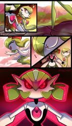 ! 1other 2girls armor artist_name bob_cut colored_skin gardevoir gen_3_pokemon glowing glowing_eyes green_hair green_skin hair_over_one_eye highres horns iron_valiant jumping kirlia multicolored_skin multiple_girls nintendo pink_eyes pokemon pokemon_(creature) robot sidelocks sketchygarden smile two-tone_skin white_armor white_skin wide-eyed