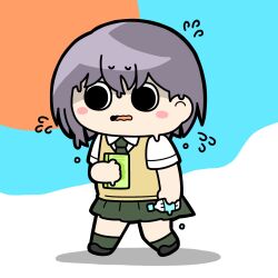 1girl arm_at_side bang_dream! bang_dream!_it&#039;s_mygo!!!!! black_shoes blue_background blush book bottle brown_sweater_vest collared_shirt commentary flying_sweatdrops green_necktie green_skirt green_socks grey_hair hand_up haneoka_school_uniform highres holding holding_book holding_bottle konpeitoull_(c12h22o11_tr_6) looking_ahead medium_hair melting miniskirt necktie orange_background parted_lips partially_shaded_face pleated_skirt school_uniform shirt shoes short_sleeves skirt socks solid_circle_pupils solo standing sweater_vest takamatsu_tomori walking wavy_mouth white_background white_shirt