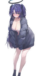 Rule 34 | 1girl, absurdres, black halo, black jacket, black socks, blue archive, blue eyes, blush, bra, breasts, closed mouth, collarbone, commentary, feet out of frame, hair between eyes, hair ornament, halo, highres, jacket, large breasts, leaning forward, long hair, long sleeves, looking at viewer, mechanical halo, no pants, no shoes, nonoka7221, nose blush, open clothes, open jacket, padded jacket, purple hair, red pupils, simple background, sleeves past fingers, sleeves past wrists, socks, solo, standing, two side up, underwear, very long hair, white background, white bra, yuuka (blue archive)