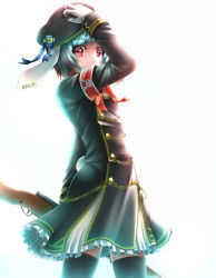 1girl alternate_costume animal_ears arm_up armband black_thighhighs blue_hair chain covered_mouth dress female_focus floppy_ears gloves gradient_background gun hat highres long_sleeves looking_at_viewer rabbit_ears rabbit_tail red_eyes reisen short_hair shotgun solo tail thighhighs touhou tsubame_(tsubamebame) weapon white_gloves