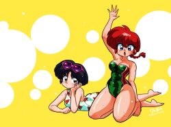 Rule 34 | 2girls, arm support, arm up, artist name, barefoot, braid, breasts, collarbone, eyewear on head, food print, fruit print, green one-piece swimsuit, heart, heart-shaped eyewear, highres, kneeling, lying, multiple girls, on stomach, one-piece swimsuit, open mouth, print one-piece swimsuit, ranma-chan, ranma 1/2, red hair, short hair, swimsuit, tendou akane, thighs, wanta (futoshi), watermelon print, wet, yellow background