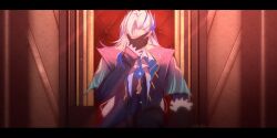 Rule 34 | 1boy, artist name, black border, blue coat, blue hair, border, coat, facepalm, facing viewer, genshin impact, highres, long hair, male focus, multicolored hair, neuvillette (genshin impact), oisofi shy, sitting, solo, two-tone hair, upper body, white hair