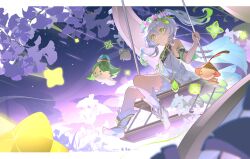1girl absurdres aranara_(genshin_impact) bare_shoulders cross-shaped_pupils daydream_forester dress flower genshin_impact gradient_hair green_eyes green_hair highres jewelry misansan multicolored_hair nahida_(genshin_impact) petals pointy_ears shooting_star side_ponytail star_(sky) swing symbol-shaped_pupils white_hair