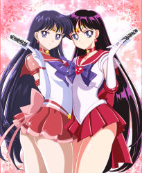 Rule 34 | 2girls, back bow, bishoujo senshi sailor moon, bishoujo senshi sailor moon crystal, black hair, bow, bowtie, breasts, brooch, choker, circlet, earrings, elbow gloves, gloves, heart, heart brooch, highres, hino rei, holding ofuda, jewelry, long hair, magical girl, miniskirt, multiple girls, pirochi, pleated skirt, purple bow, purple bowtie, red bow, red choker, red skirt, sailor mars, sailor senshi, sailor senshi uniform, skirt, star (symbol), star choker, star earrings, white gloves