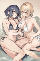 2girls 92m bikini black_bikini black_eyes black_hair blonde_hair blush breasts glasses hair_bun hair_ornament hairclip highres large_breasts looking_at_viewer medium_breasts medium_hair multiple_girls navel original partially_submerged purple_eyes side-tie_bikini_bottom swimsuit white_bikini