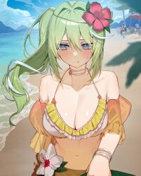 4girls absurdres armband beach bikini blue_sky bracelet breasts chain character_request choker cleavage collarbone day floating_hair flower green_hair grey_eyes hair_between_eyes hair_flower hair_intakes hair_ornament hashtag-only_commentary highres huingae_(njun0) jewelry large_breasts long_bangs long_hair mountainous_horizon multicolored_hair multiple_girls navel ocean orange_armband outdoors pout red_flower side_ponytail sidelocks sky solo_focus stellive stomach streaked_hair sweatdrop swimsuit tears upper_body white_bikini white_choker white_flower white_streaks yuzuha_riko
