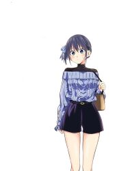 1girl bag black_hair black_shirt blue_eyes blue_ribbon blue_shorts blue_sweater blush breasts brown_bag closed_mouth colorized dot_nose female_focus hair_ribbon handbag high-waist_shorts highres hiroyuki kanojo_mo_kanojo legs long_sleeves medium_breasts minase_nagisa official_art ribbon shirt short_hair shorts sideboob solo solo_focus stitched sweat sweatdrop sweater thighs third-party_edit