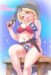 1girl arm_support belt black_belt blonde_hair blue_eyes breasts character_name confederate_flag_bikini cowboy_hat cowgirl_(western) feet_out_of_frame flag_print gun hair_between_eyes hat holding holding_gun holding_weapon holster large_breasts looking_at_viewer navel open_mouth original rose_gardener sitting solo weapon yabataso
