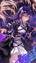 Rule 34 | 1girl, black dress, blonde hair, breasts, closed mouth, commentary, cowboy shot, cross-laced clothes, cross-laced dress, dress, floating hair, gradient hair, highres, hijiri byakuren, long hair, long sleeves, looking at viewer, medium breasts, multicolored hair, purple background, purple hair, ribbon, ringo no usagi, signature, smile, solo, sorcerer&#039;s sutra scroll, touhou, very long hair, white dress, white ribbon, yellow eyes
