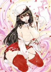 1girl :p azur_lane bare_shoulders beret black_hair breasts cleavage detached_collar hand_up hat highres large_breasts long_hair looking_at_viewer marker_(medium) pleated_skirt red_eyes red_skirt red_thighhighs skirt solo thighhighs tongue tongue_out traditional_media trinidad_(azur_lane) uzuharu_(uduharu) white_hat