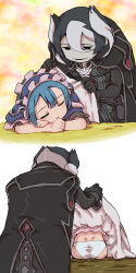 Rule 34 | 1boy, 1girl, absurdres, ass, black eyes, black hair, blue hair, hair between eyes, highres, made in abyss, maruruk, multicolored hair, ozen, pale skin, panties, short hair, sleeping, trap, underwear, white hair, white panties, ximu shilang